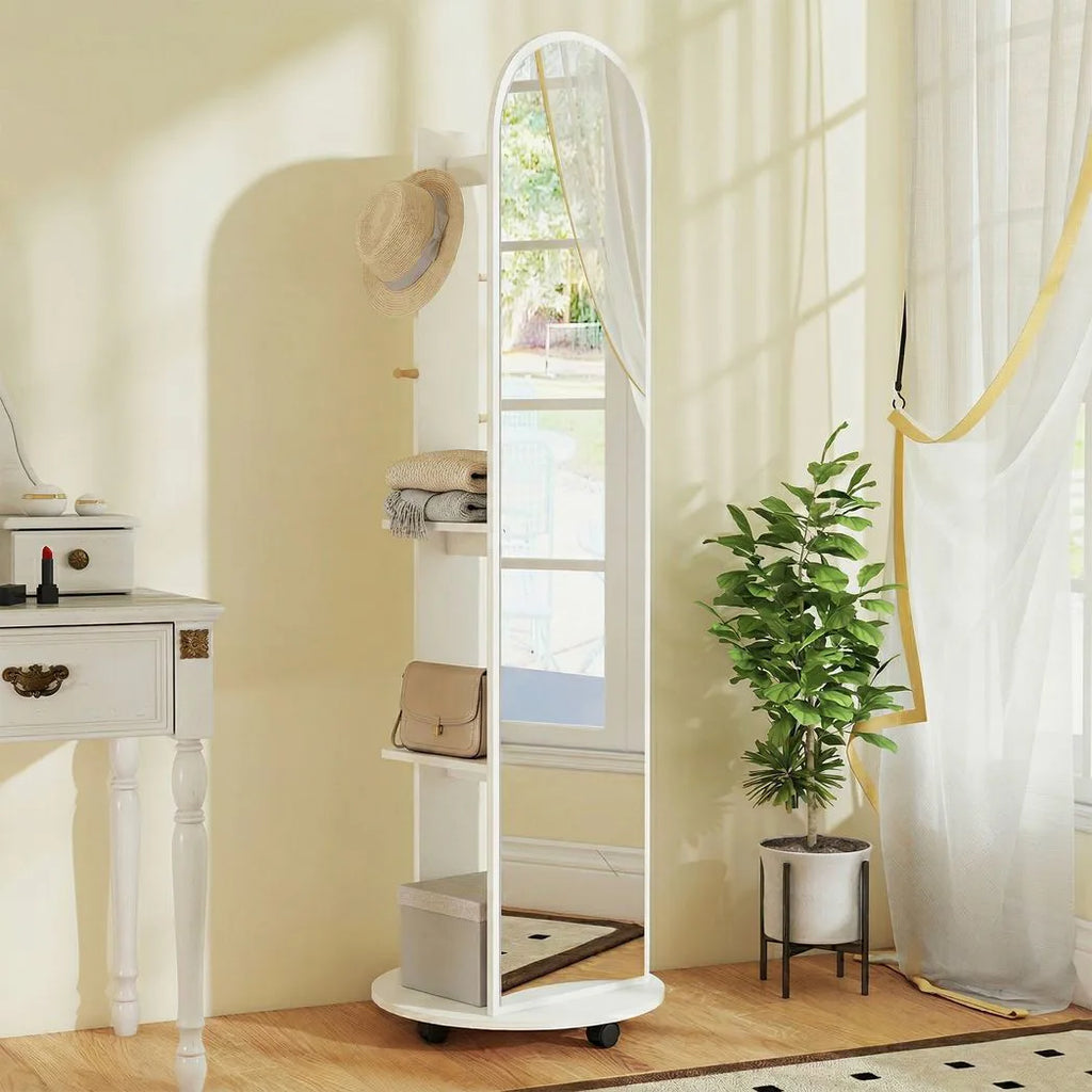 2-in-1 Full Length Mirror with Storage Shelves, Floor Mirror with 4 Wheels, Coat Rack, Hooks, White