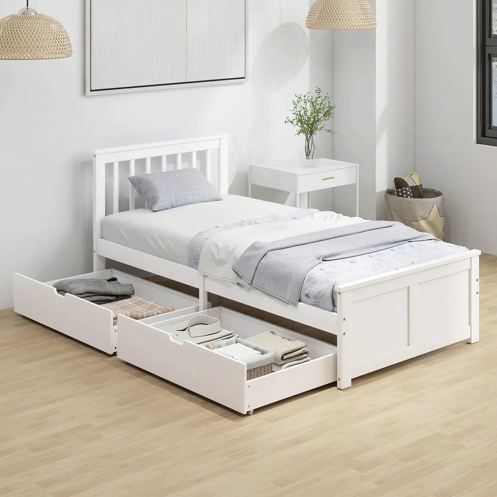 Wooden Single Bed Frame, with Drawers - White