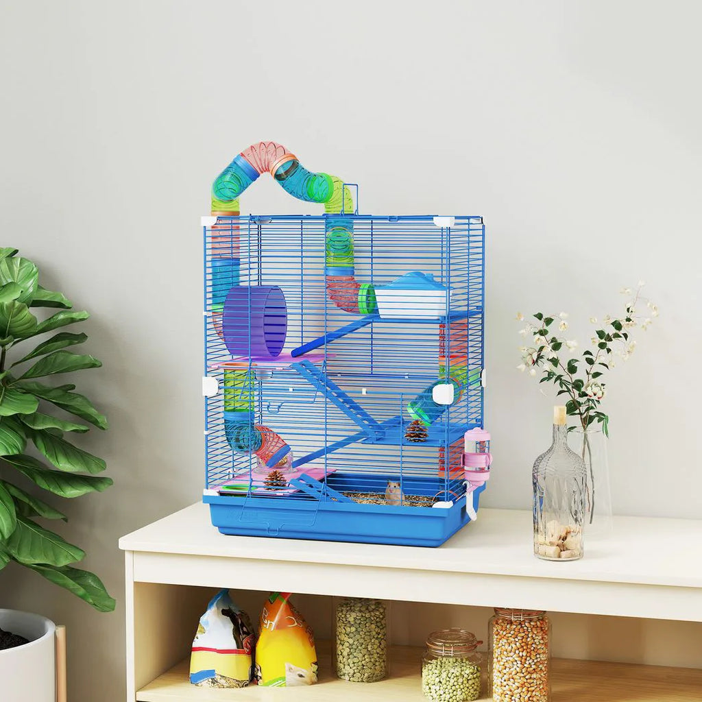 PawHut 5 Tier Hamster Cage Carrier Habitat with Exercise Wheels, Tunnel, Blue