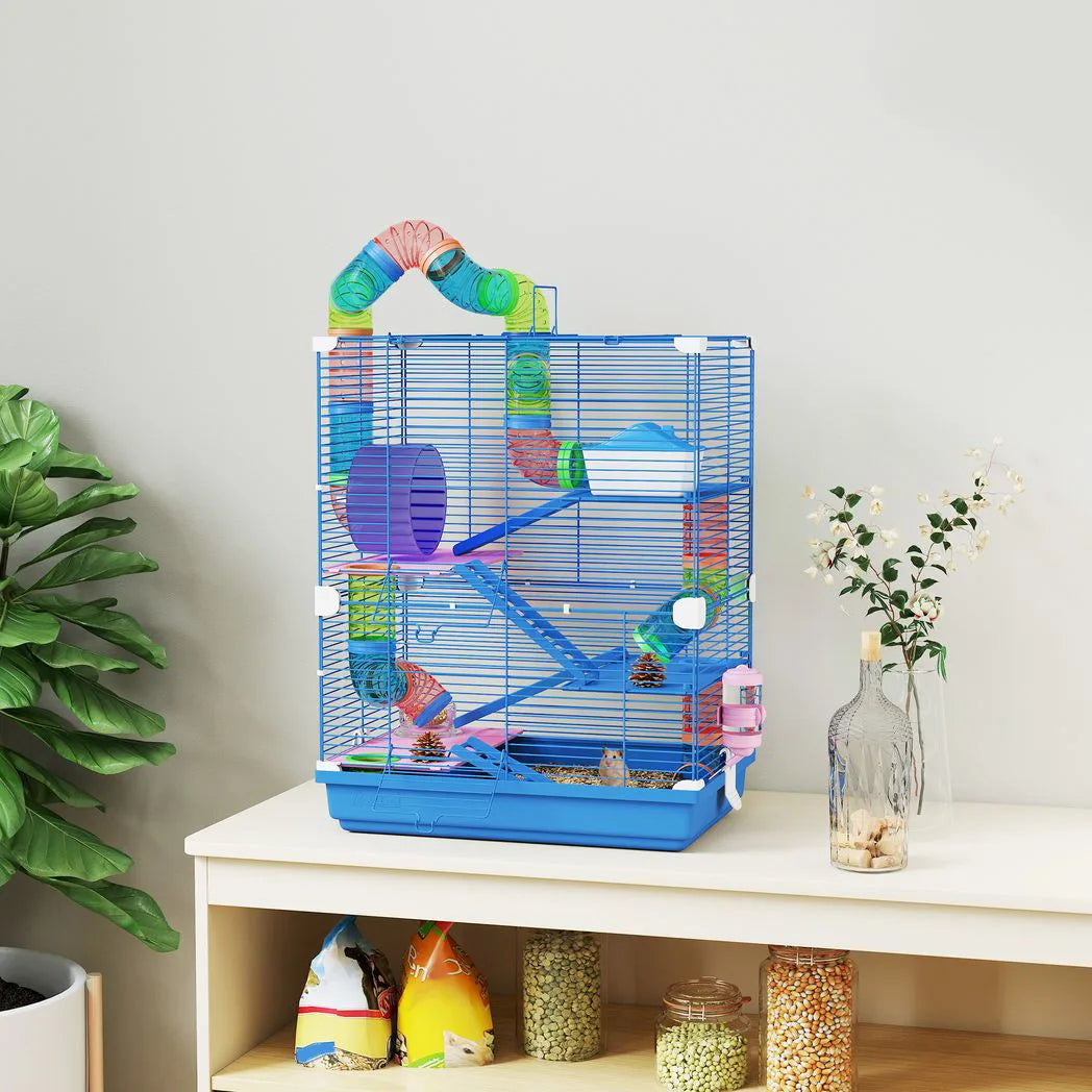 PawHut 5 Tier Hamster Cage Carrier Habitat with Exercise Wheels, Tunnel, Blue