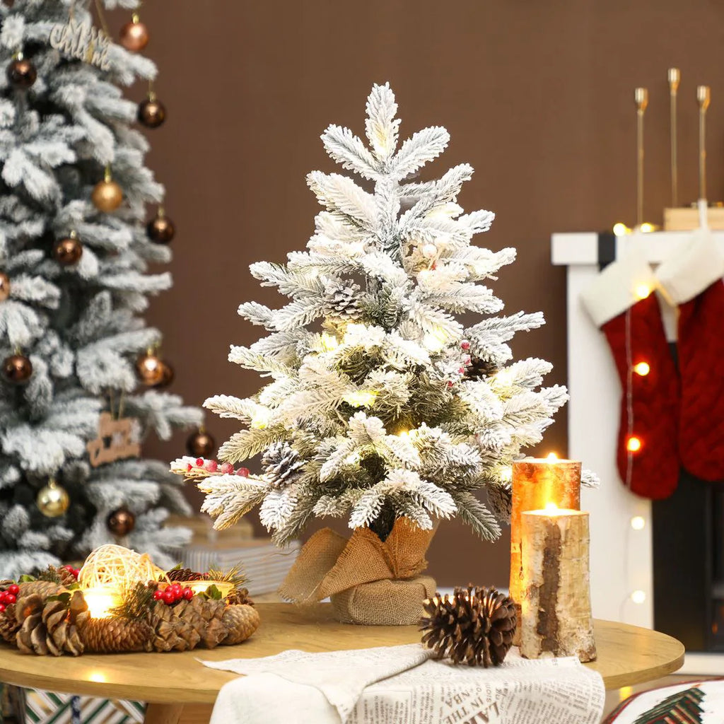 60 cm Prelit Small Christmas Tree with 35 LED Lights, Snow Flocked Tabletop Mini Xmas Tree with Pine Cones, Berry Clusters and Linen Cover Base, Battery Operated, Green