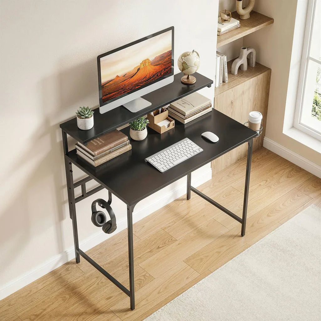 Computer Desk, 80cm Home Office Study Table with Hutch Shelf, Cup Holder, Headphone Hook, Black