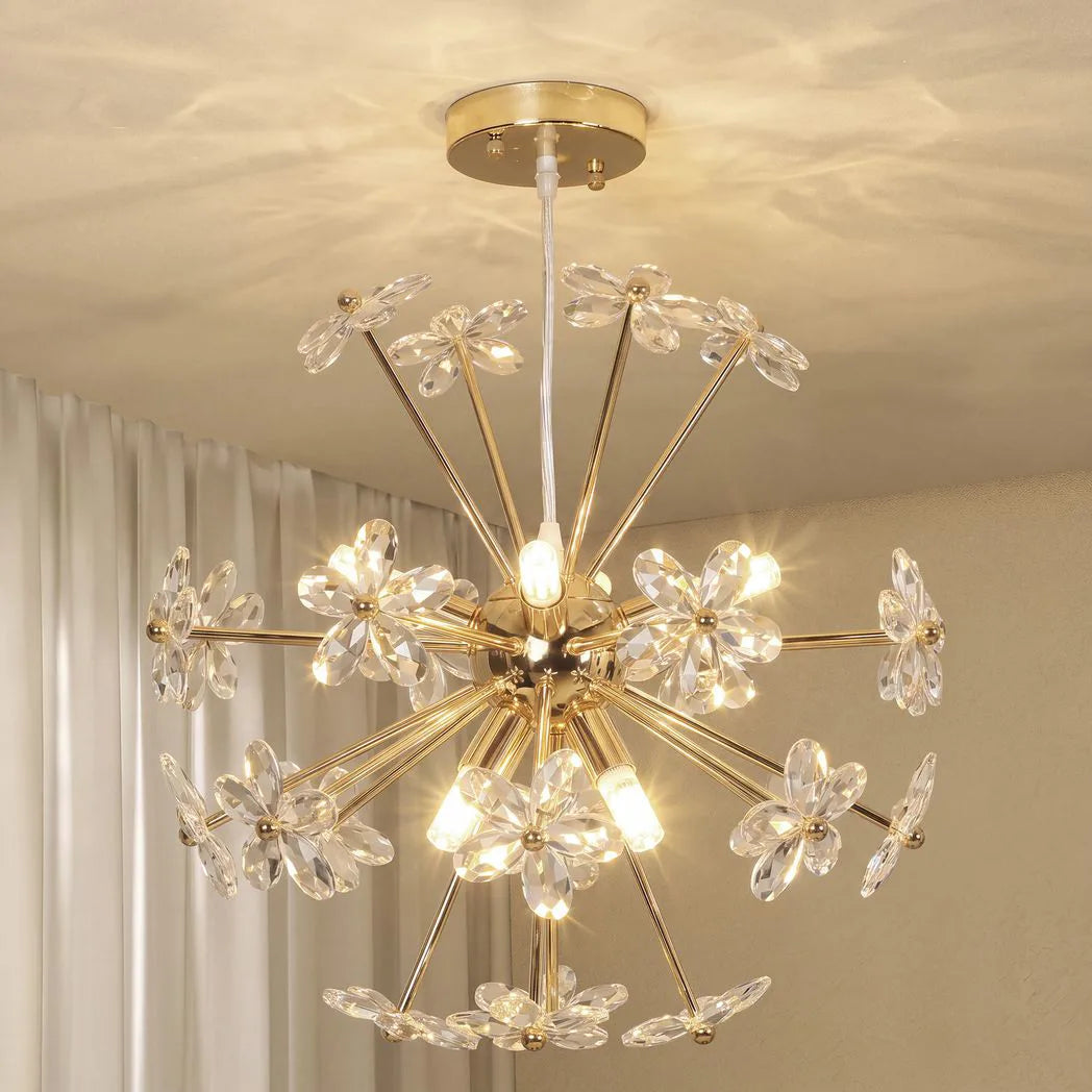 Crystal Chandeliers Ceiling Light with Flower, Modern Pendant Light with Adjustable Height, Ceiling Plate, Clear