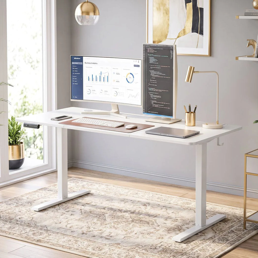Standing Desk Memory Control Height Adjustable Desk 2 Cable Holes LED Display Sit Stand Desk White