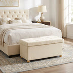 Velvet Upholstered Foldable Ottoman Footrest, Storage Ottoman Bench with Wood Legs for Living Room, Cream White