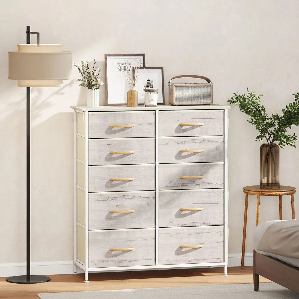 Chest of Ten Fabric Drawers - Natural Wood Finish