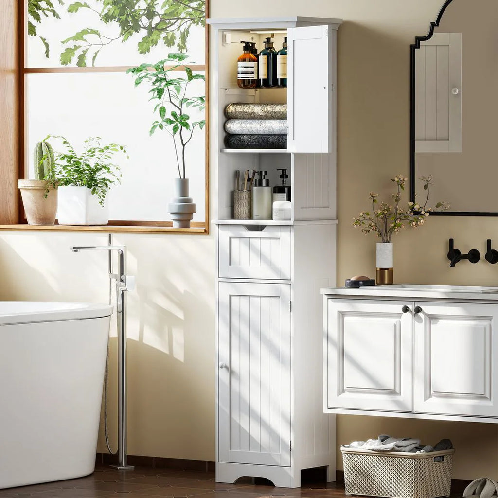 Slim Bathroom Storage Cabinet, with Sensor Lights - White