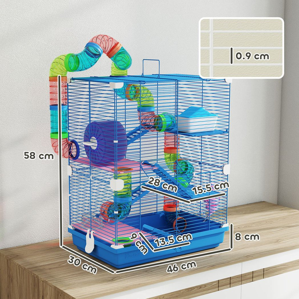 PawHut 5 Tier Hamster Cage Carrier Habitat with Exercise Wheels, Tunnel, Blue