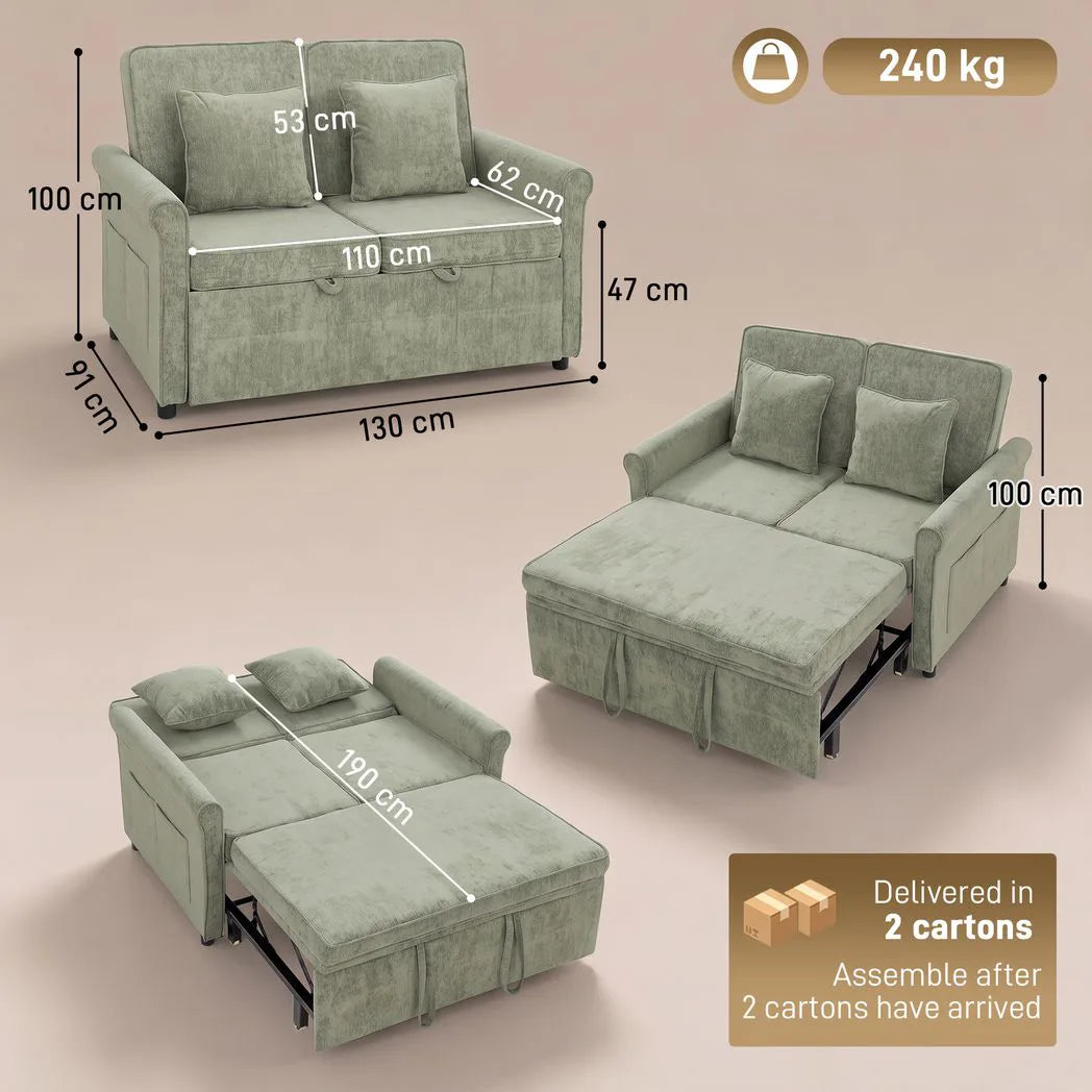 2 Seater Sofa Bed 3-in-1 Convertible Chenille Pull Out Sleeper Sofa with 5-Position Adjustable Backrest, Light Green