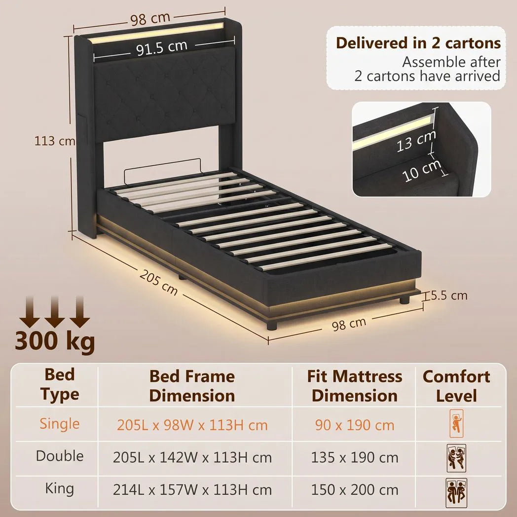 3ft Single Bed Frame with Headboard, Platform Bed Frame with Hydraulic Storage, LED Lights and Charging Station, Black