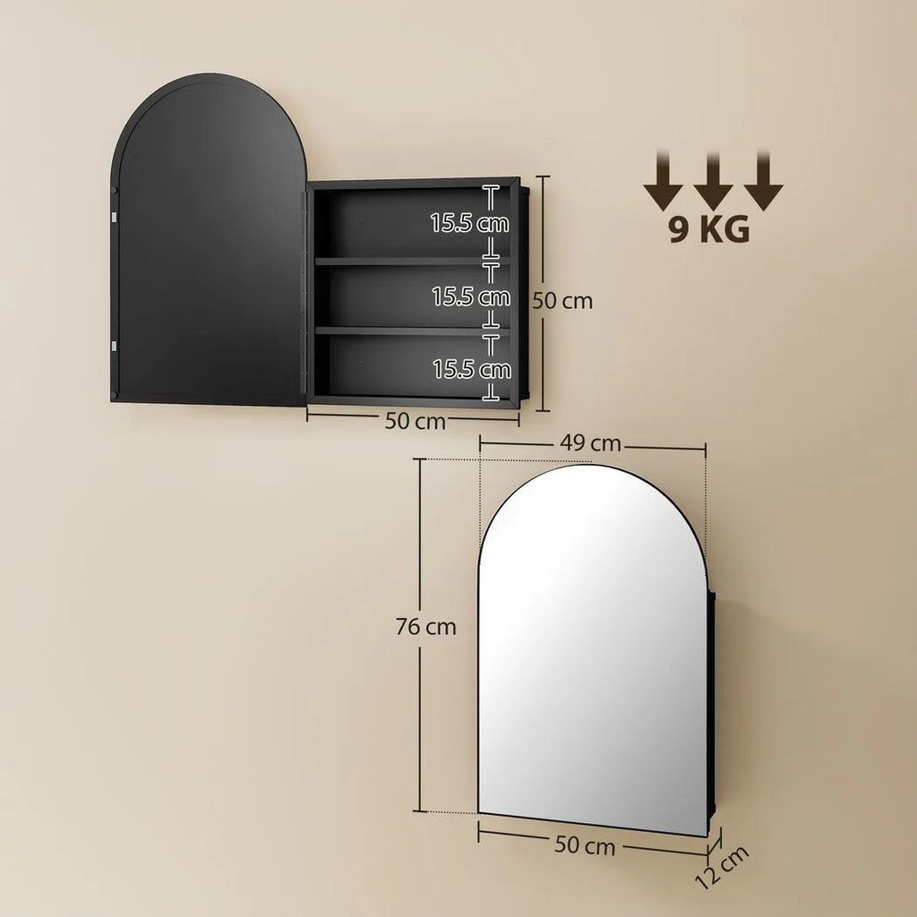 Bathroom Mirror Cabinet with Mirror, Arched Wall Mounted Bathroom Cabinet with Storage Shelves, Black