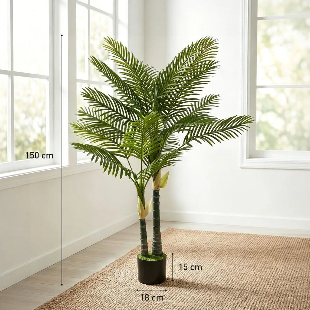 Artificial Palm Tree with 16 PEVA Leaves, 150cm Decorative Artificial Plant with Pot and Moss Effect, Green