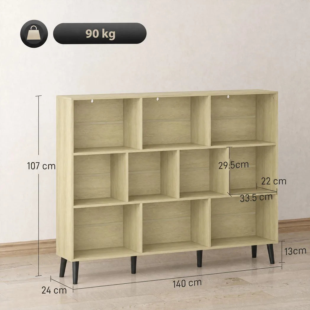 10-Cube Bookcase, 3-Tier Book Shelf with Solid Wood Legs, 140 cm Modern Bookshelf with Anti-Tip Kit, Oak