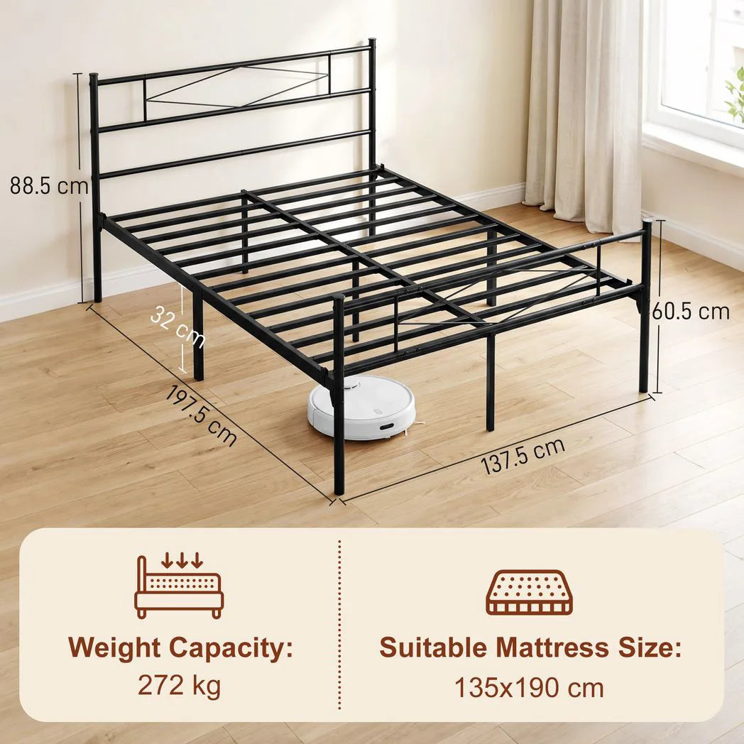 4ft6 Double Bed Frame with Headboard and Footboard, Metal Platform Bed Frame with 32 cm Underbed Storage, Black