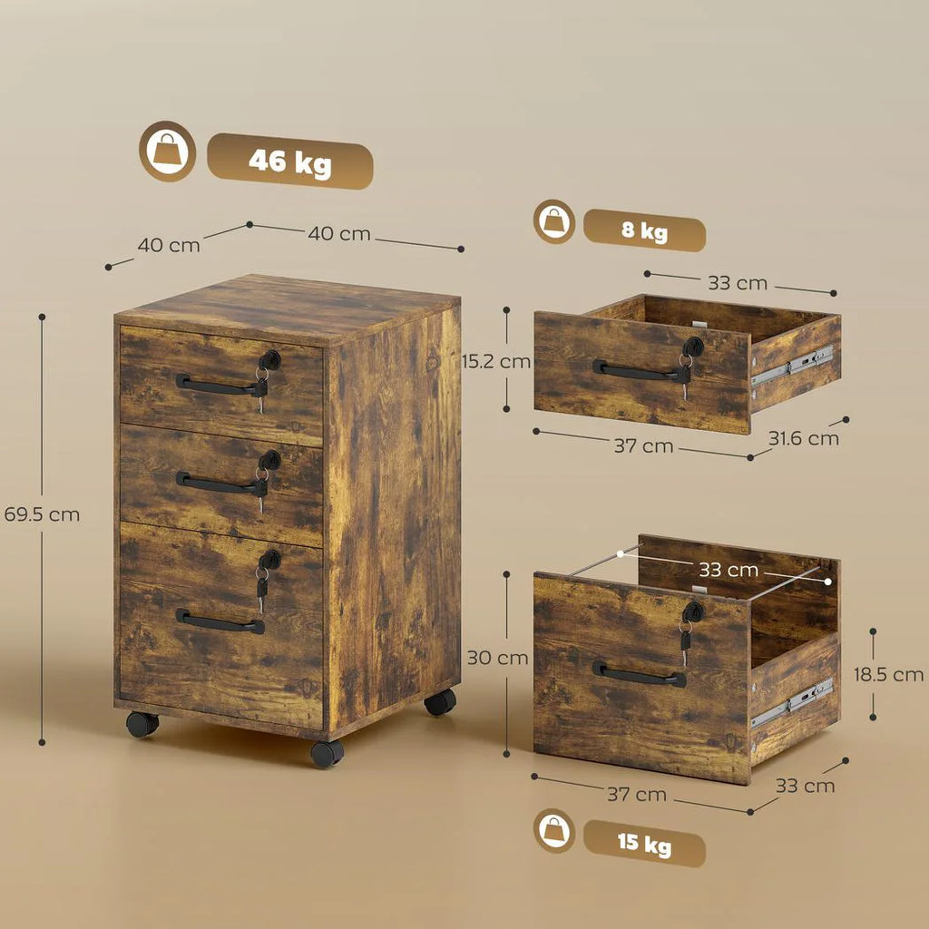 Three Drawer Wood-Effect Filing Cabinet - Rustic Brown