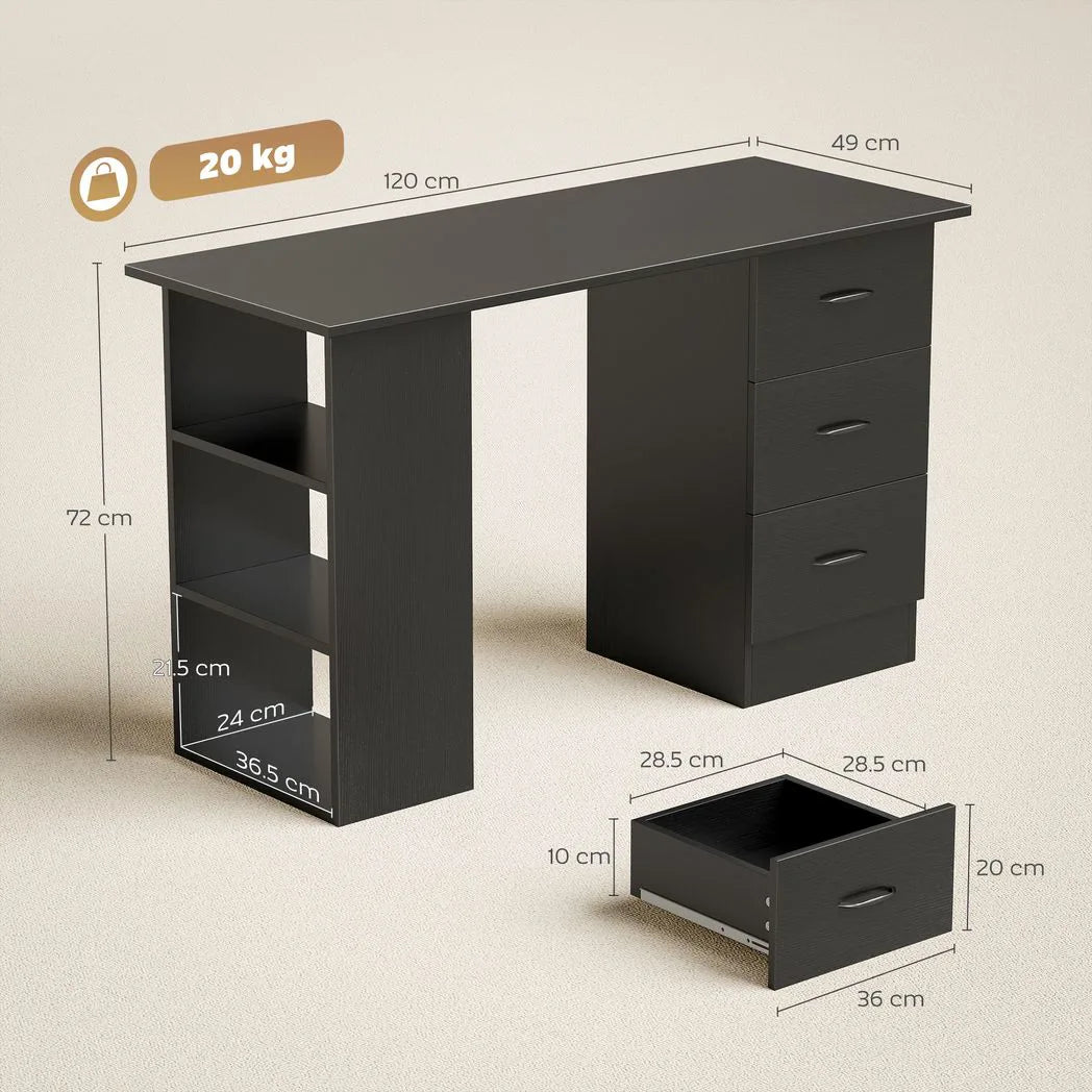 HOMCOM Computer Desk, Writing Table, PC Workstation with 3 Storage Shelves and Drawers, Handle, for Home Office, Black