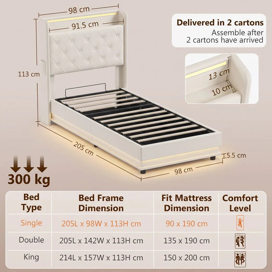 3ft Single Bed Frame with Headboard, Platform Bed Frame with Hydraulic Storage, LED Lights and Charging Station, White