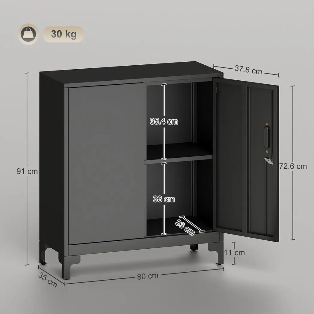Lockable Metal Filing Cabinet, 2-Tier Storage Cupboard with Double Doors, Modern Office Organiser, Black