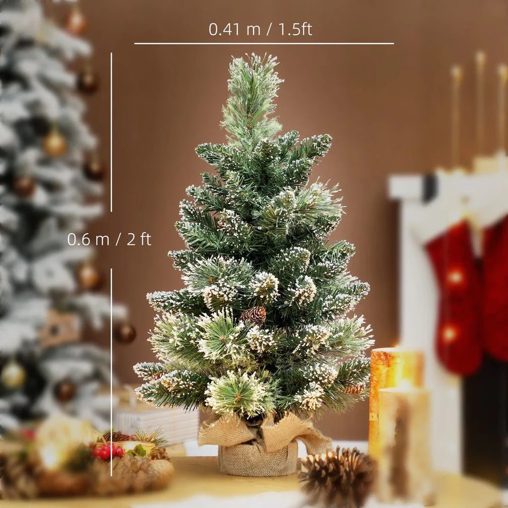 60 cm Prelit Small Christmas Tree, Snow Flocked Tabletop Mini Xmas Tree with 35 LED Lights, Pine Cones and Linen Cover Base, Battery Operated, Green