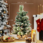 60 cm Prelit Small Christmas Tree, Snow Flocked Tabletop Mini Xmas Tree with 35 LED Lights, Pine Cones and Linen Cover Base, Battery Operated, Green