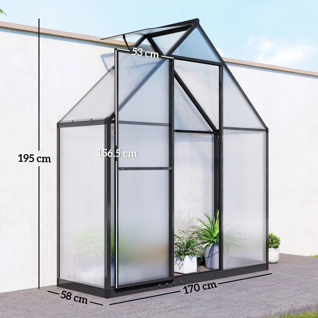 Outsunny 5.5 x 2ft Polycarbonate Greenhouse, Quick Setup Walk in Green House, Push Door, Adjustable Roof Vent, Rain Gutter, Black