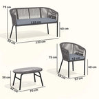 Outsunny 4 Piece Garden Furniture Set, Rope Garden Sofa Set with 1 Loveseat 2 Chairs Tempered Glass Table Cushions, Dark Grey