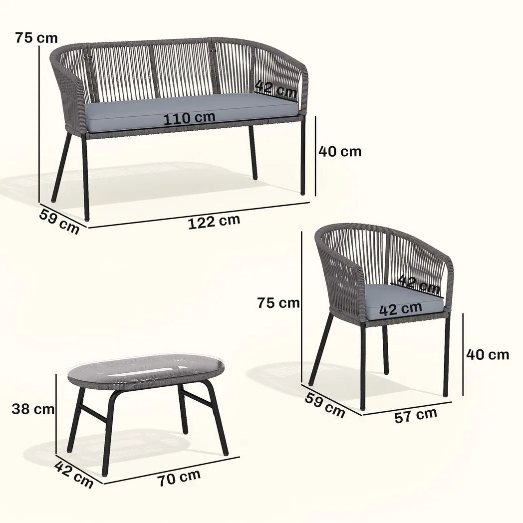 Outsunny 4 Piece Garden Furniture Set, Rope Garden Sofa Set with 1 Loveseat 2 Chairs Tempered Glass Table Cushions, Dark Grey