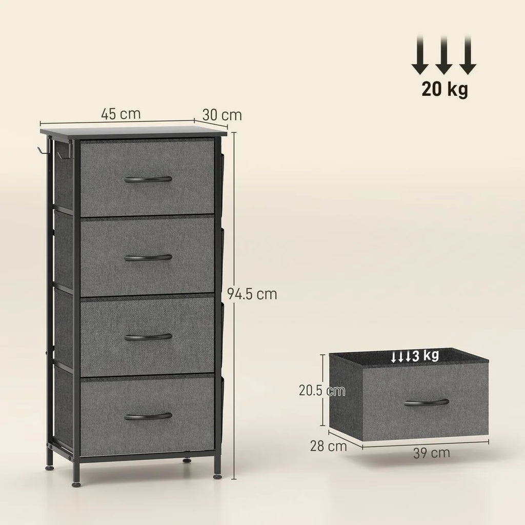 Chest of Four Fabric Drawers - Charcoal Grey
