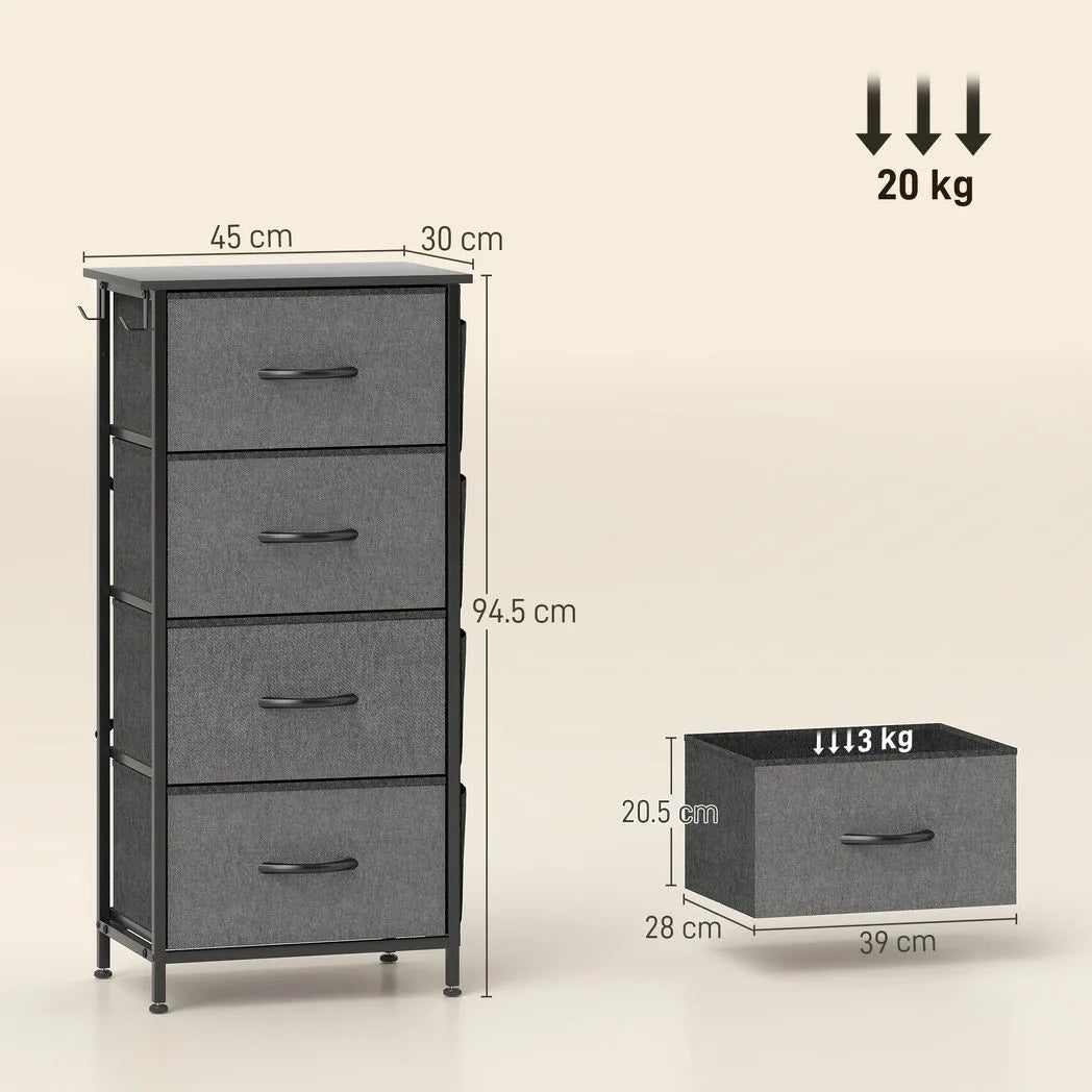 Chest of Four Fabric Drawers - Charcoal Grey