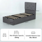Single Bed Frame Gas End Lift Under Bed Storage Upholstered Platform Bed Tufted Headboard for 90 x 190 cm Mattress