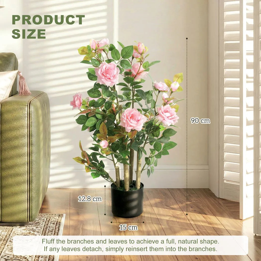 90cm Artificial Rose Tree, Decorative Fake Plant with 344 Silk Leaves 17 Flowers for Outdoor Indoor Decor, Pink