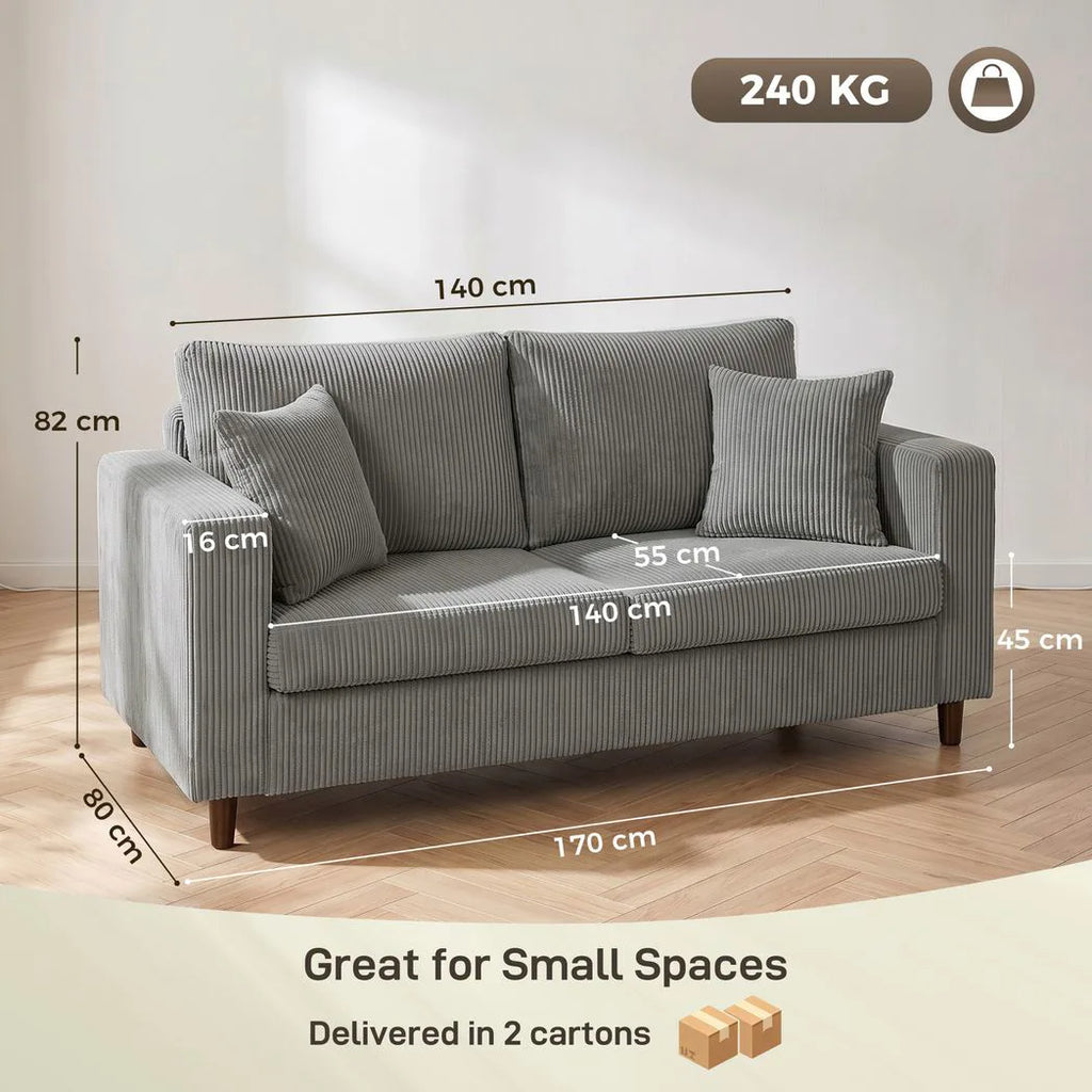 Loveseat Sofa with Wide Seat, Corduroy 2 Seater Couch with Deep Seat, Spring Cushion, Light Grey