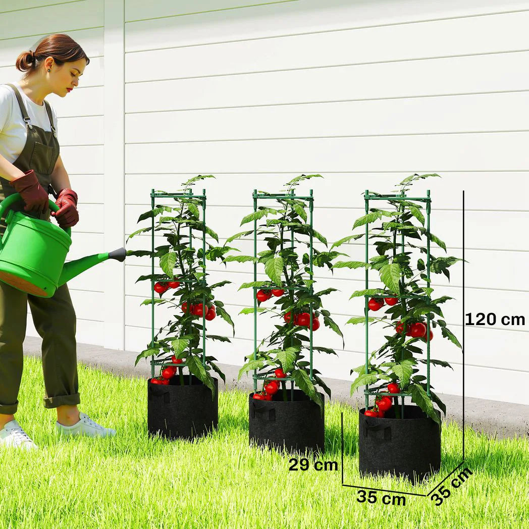Outsunny 3 Packs Tomato Cages with 83.7L Grow Bags, 120cm Adjutstable Triangle Plant Stakes Support Trellis with Planter Bags