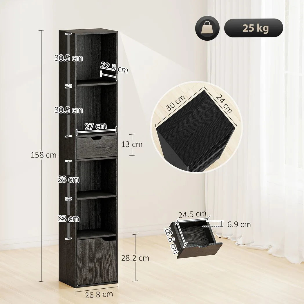 6-Tier Bookcase, Tall Narrow Bookshelf with Drawer and Door - Black