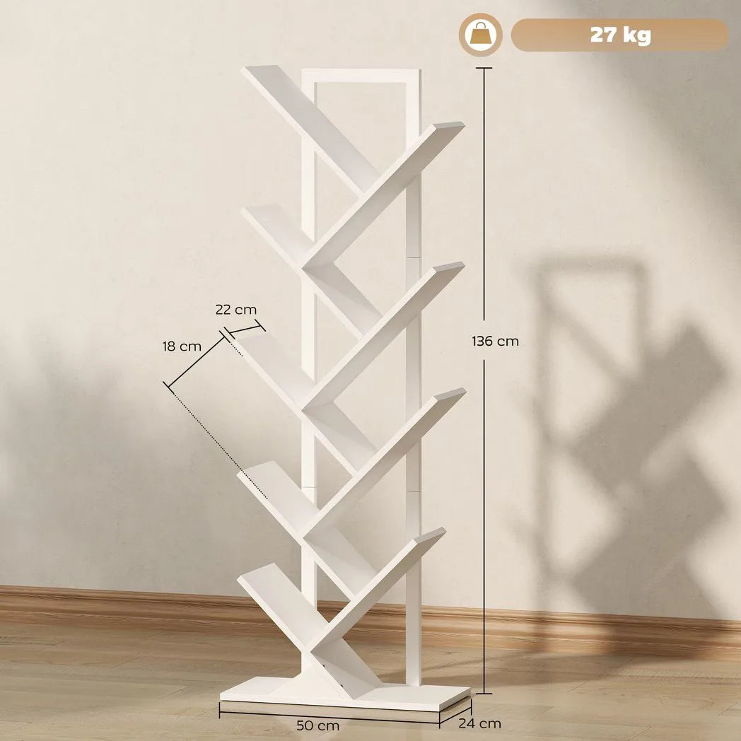 9-Tier Tree Bookshelf, Industrial Free Standing Bookcase with Steel Frame, Display Storage White