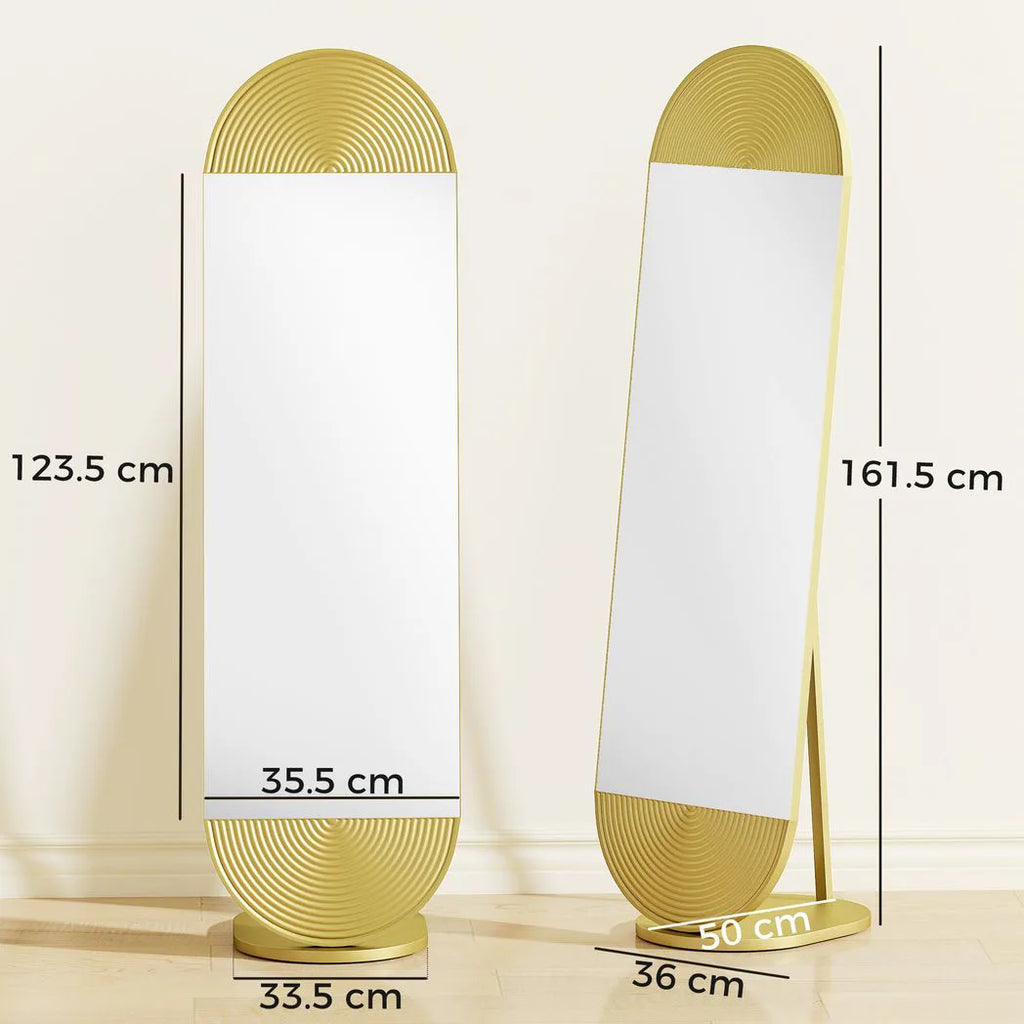 50 x 161 cm Wavy Full Length Mirror, Free Standing Mirror with Metal Frame and Solid Base, Gold Tone