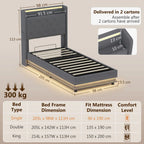 3ft Single Bed Frame with Headboard, Platform Bed Frame with Hydraulic Storage, LED Lights and Charging Station, Grey