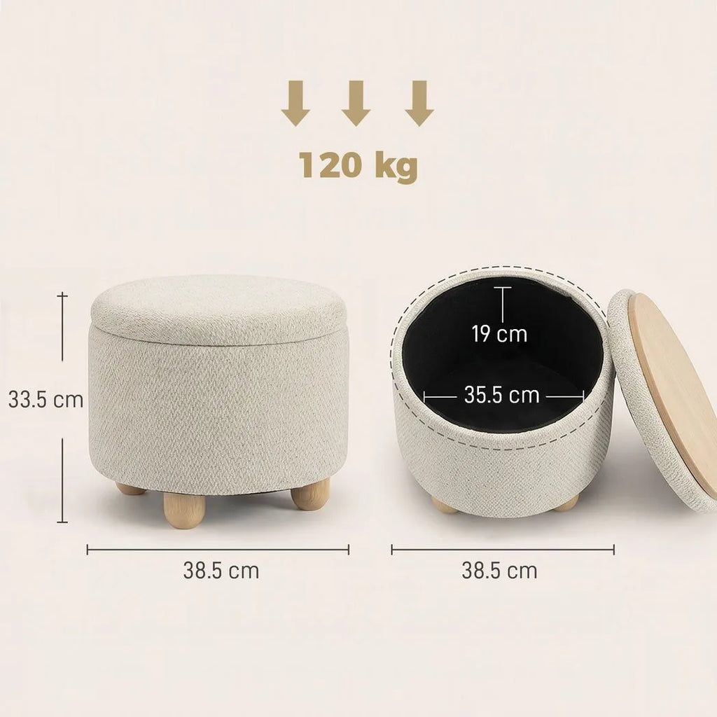 Storage Sitting Bench with Lid, Round Storage Ottoman with Rubberwood Legs, Beige