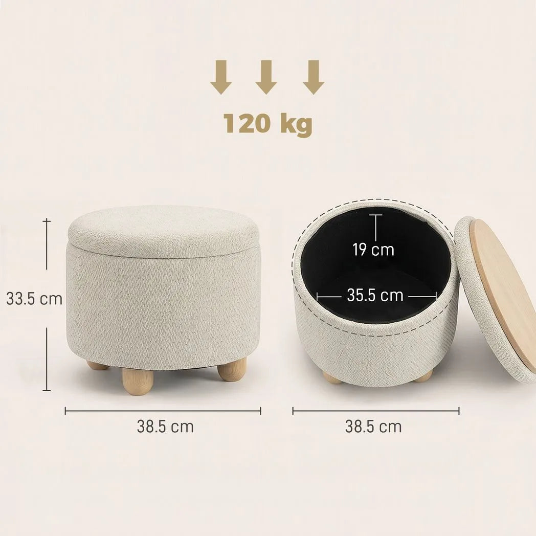 Storage Sitting Bench with Lid, Round Storage Ottoman with Rubberwood Legs, Beige