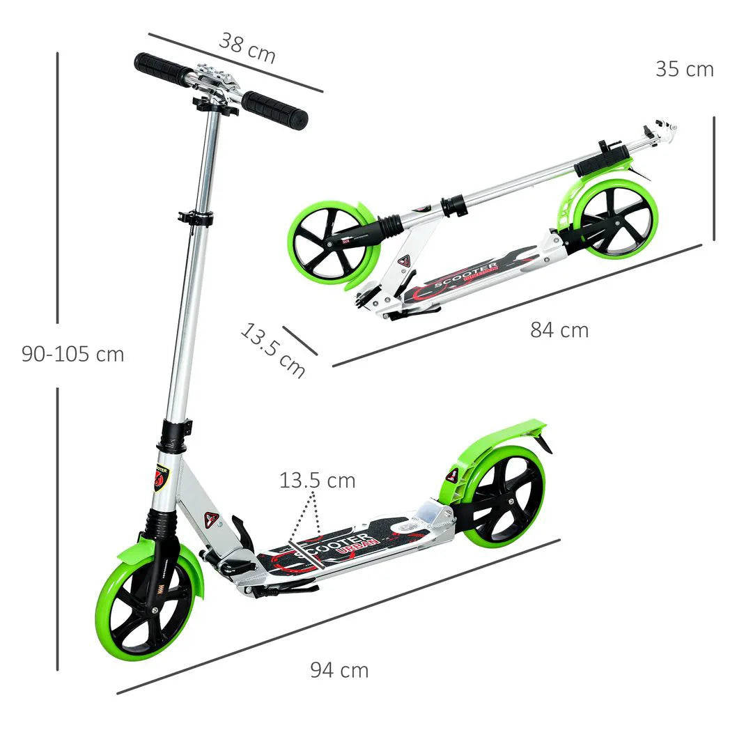 Folding Kick Scooter, Adjustable Ride On Scooter with 200mm Big Wheels and Double Shock Absorption, Urban Scooter for 14 Teens Adult, Green