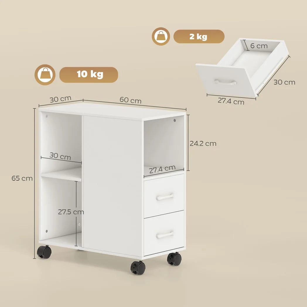 Narrow Mobile Printer Table with Wheels, Rolling Printer Stand with Drawers for Home Office, 30 x 60 x 65 cm, White
