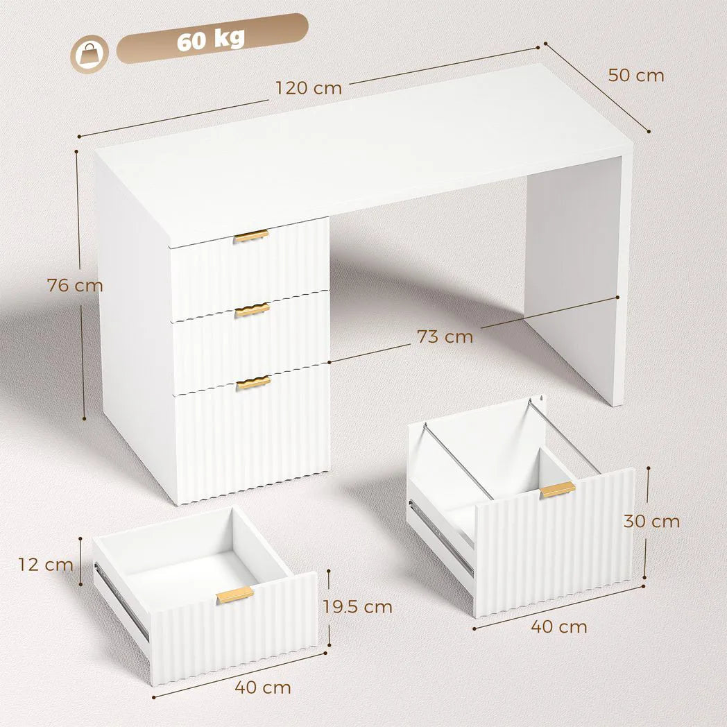 HOMCOM Computer Desk with 3 Drawers Reversible Home Office Desk 120 cm, White