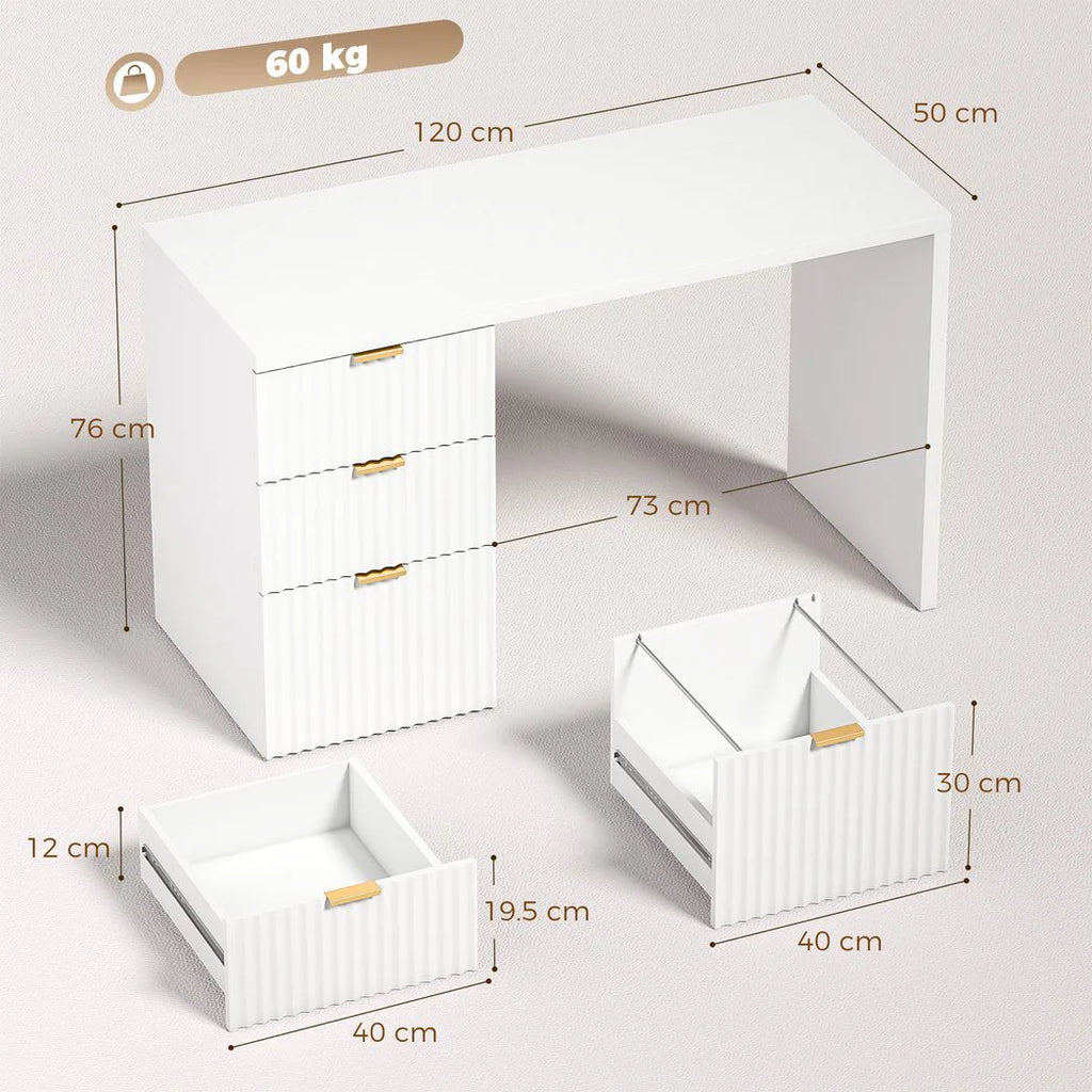 Computer Desk with 3 Drawers Reversible Home Office Desk 120 cm, White