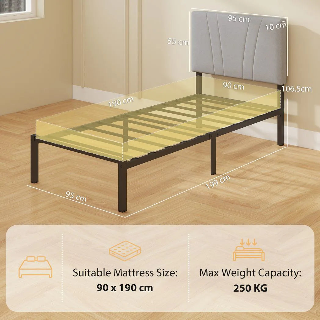 3FT Single Bed Frame with Upholstered Headboard and Underbed Storage, Black and Light Grey