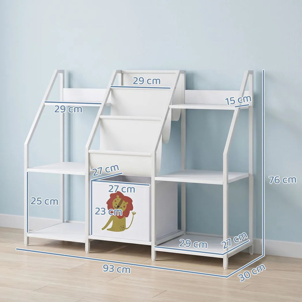 AIYAPLAY Kids Bookshelf and Toy Storage with 3-Tier Sling Book Rack and Fabric Drawer for Nursery, Bedroom, Playroom, White