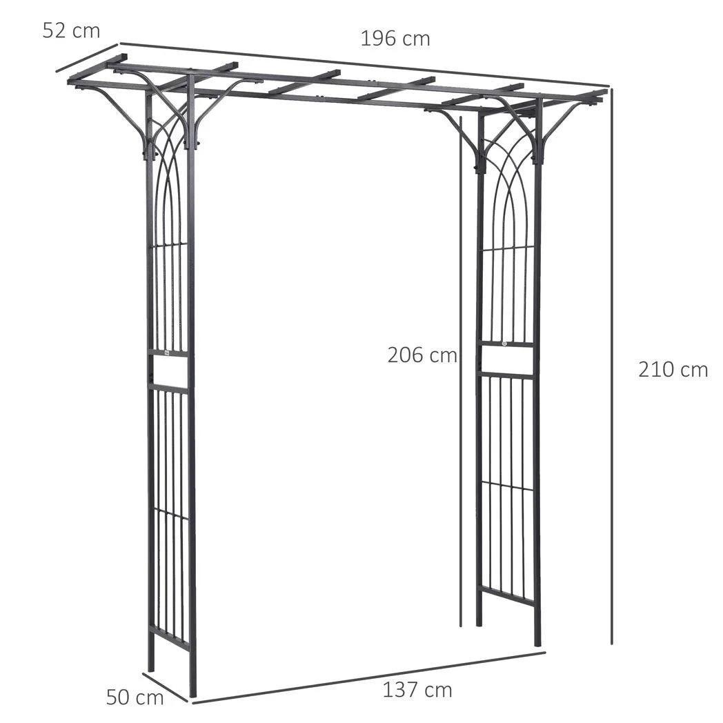 Outsunny 210cm Decorative Metal Garden Trellis Arch with Durable Steel Tubing & Elegant Scrollwork, Great for Weddings, Dark Gre
