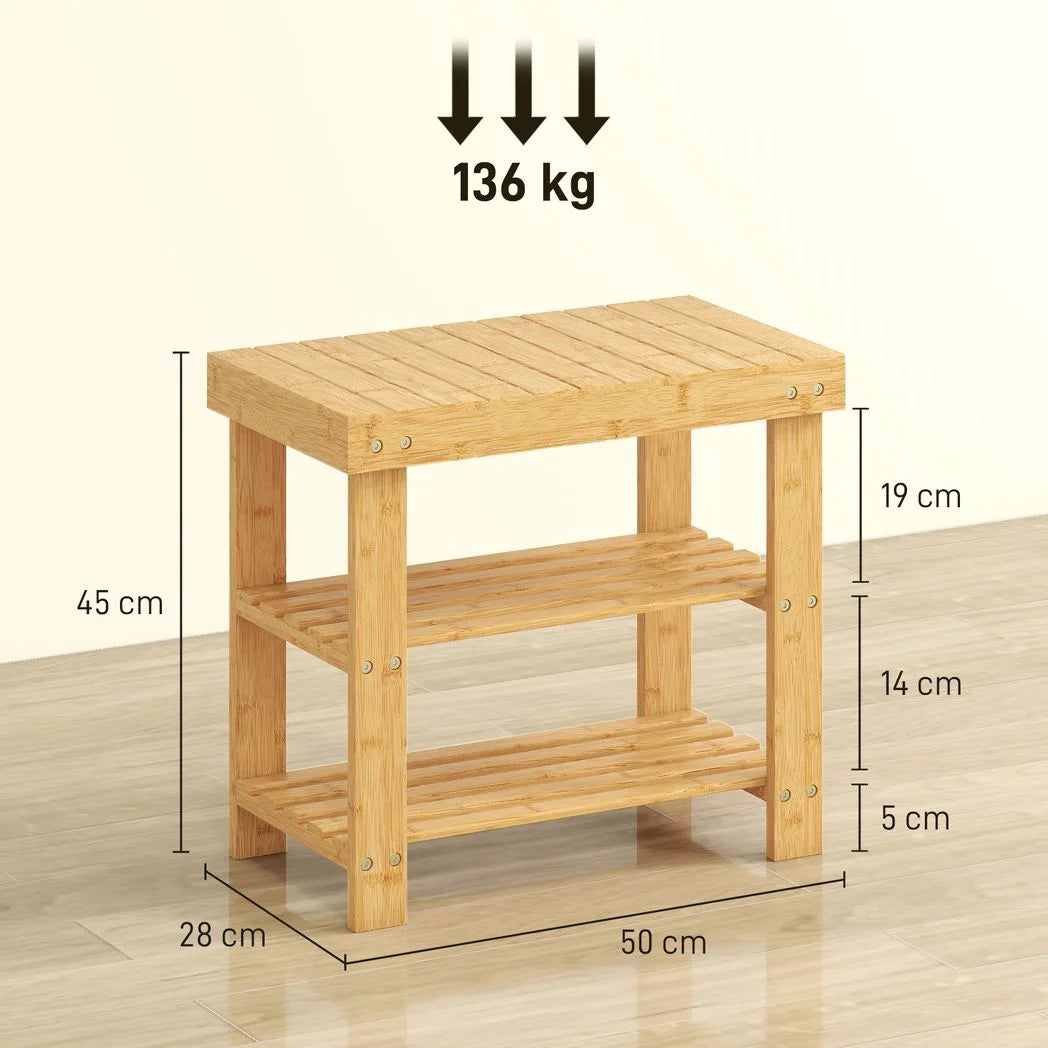 Two Shelf Bamboo Shoe Storage Bench - Natural Finish