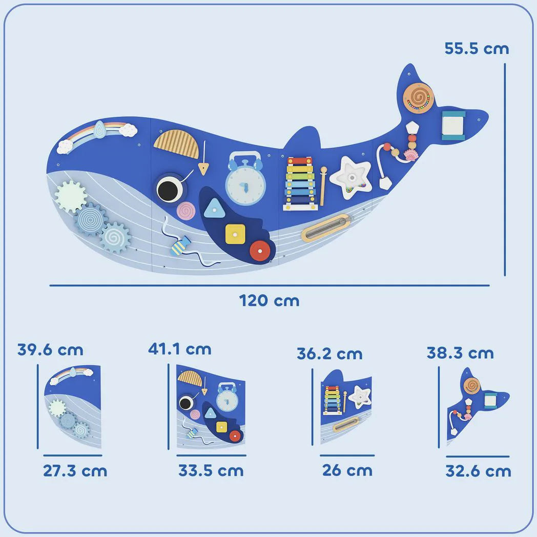 AIYAPLAY Whale Activity Wall Busy Board, 13 in 1 Montessori Inspired Sensory Wall Panel for Playroom Nursery Boys Girls 2, Blue
