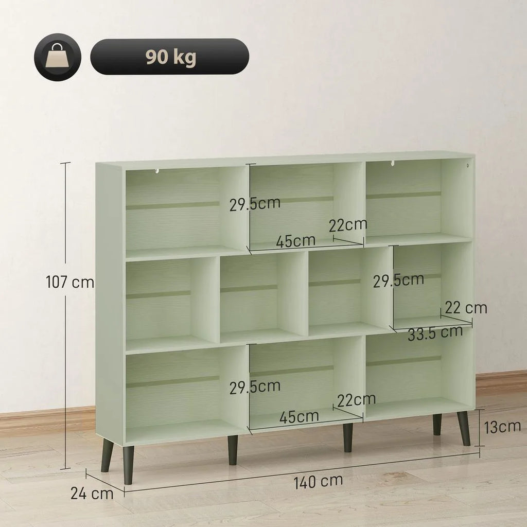 10-Cube Bookcase, 3-Tier Book Shelf with Solid Wood Legs, 140 cm Modern Bookshelf with Anti-Tip Kit, Light Green