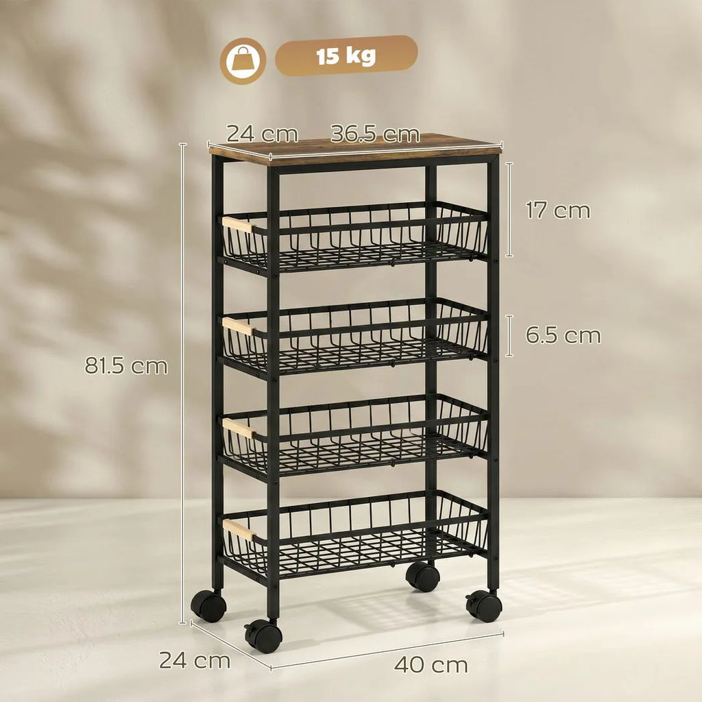 Metal Kitchen Trolley, 4-Tier Storage Trolley with Pull-Out Baskets and 4 Swivel Casters for Kitchen, Rustic Brown